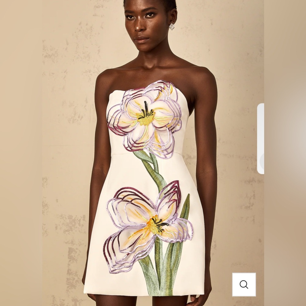 Strapless Cream Dress with Pastel Floral Embroidery
